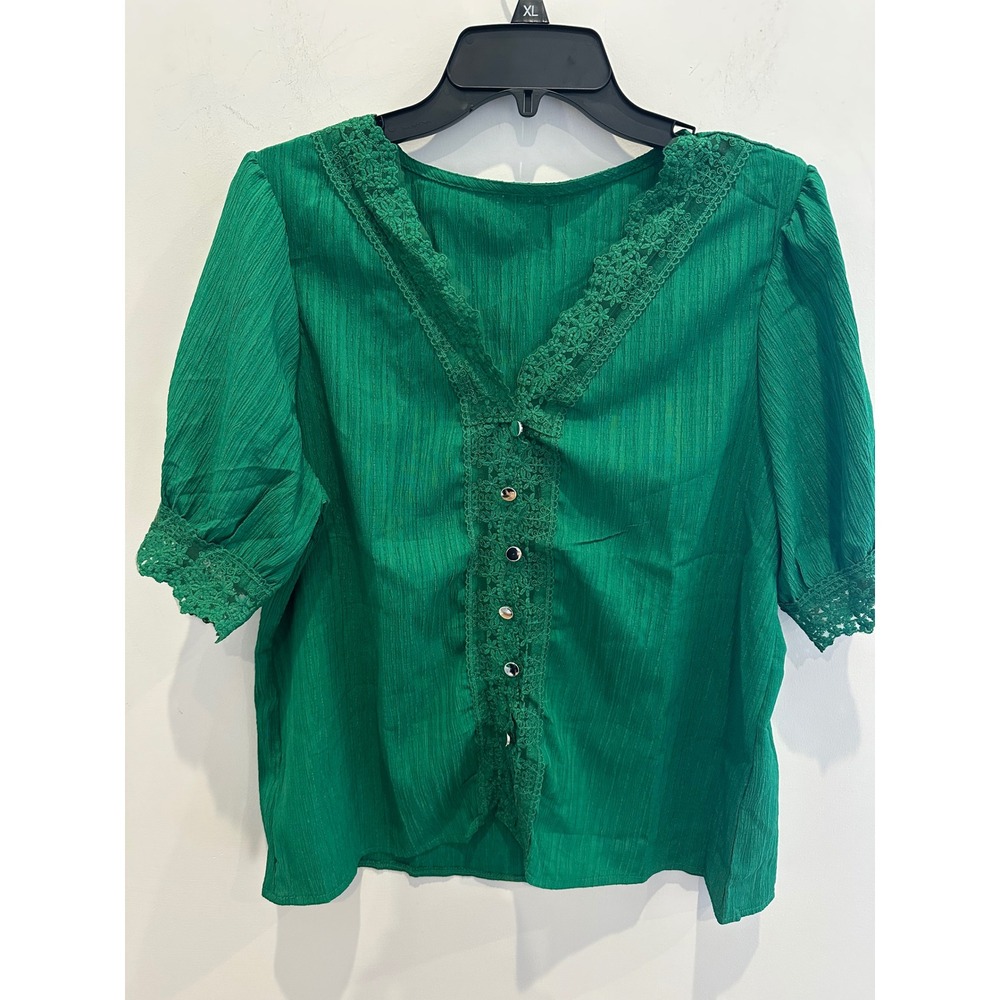 Temu Emerald Green Lace Trim V-Neck Button Front Blouse XL